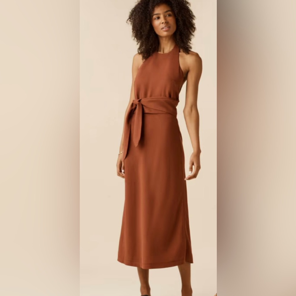Sleek Tie-Waist Midi Dress - Rust